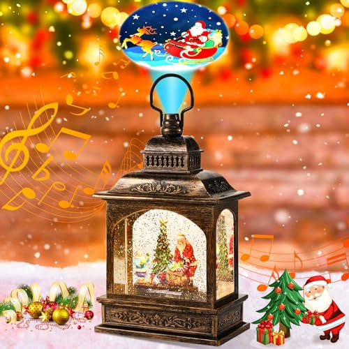 Auniq Weihnachts Schneekugel Laterne mit Projektor und Musik, Schneelaterne Vintage Weihnachten Wasser glitzernde Verschneiter Globus Nachtlicht, USB und batteriebetrieben Xmas Schneekugel Dekoration