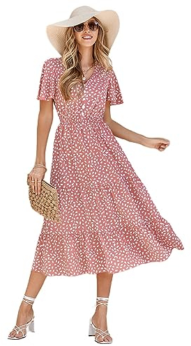 HEYPORK Damen Frühling Sommer Rock Bequem Lässig Kleider Mode Elegant Röcke Frauen V-Ausschnitt Ruffle Ärmel Bedrucktes Kleid(Rot, M)