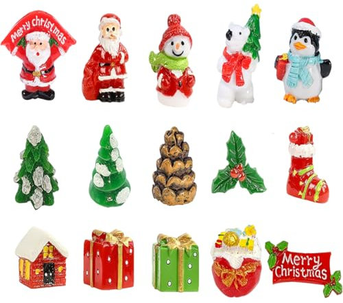 JAHEMU Weihnachten Mini Figuren Weihnachtsmann Weihnachtsbaum Schneemann Miniatur Ornamente für Weihnachten Party Dekorationen,Tortendeko, DIY Garten,Bonsai,Tisch,15 Stück