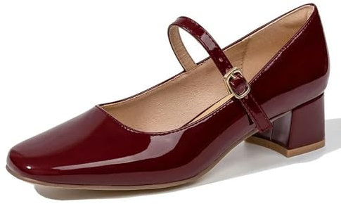ZIRIA Damen Rot Schwarz Mary Janes Schuhe Leder Niedriger Absatz Kleid Schuhe Quadratische Zehe Flache Schnalle Riemen Damenschuhe