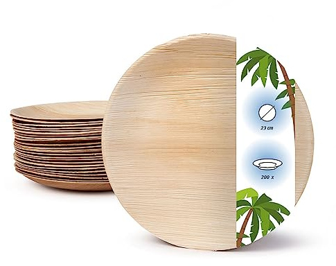 onlyleaf Palmware Servizio da Tavola in foglie di palma I 200 pezzi piastra di Palma rotonda Ø 23cm I Stoviglie biologiche biodegradabili Stoviglie da festa Stoviglie monouso compostabili