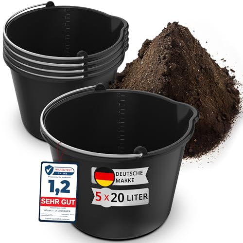 5X Oramics 20L Eimer mit Ausguss Tülle – Baueimer Kübel für Zement und Mörtel – Stabiler Wassereimer mit Skala für Haushalt, Garten, Baustellen und Landwirtschaft (5X 20 Liter Mörteleimer)
