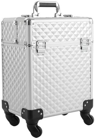 Kosmetikkoffer Groß, Professioneller Schminkkoffer, Multifunktionaler Trolley - Aufbewahrungskoffer Kosmetikkoffer, Beauty Koffer mit 360° Drehbaren Rollen, 34 * 24 * 41cm (Silber)