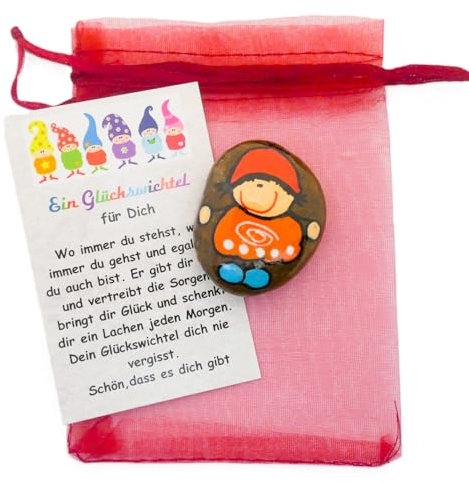 Andys Steinwelt® Glückswichtel ca. 4 cm mit Geschenkkarte im Organzs-Säckchen, Glückssteine als Talisman, Glücksbringer, Tischdeko, bemalte Steine für Krankenbesuch, Mitbringsel, 462