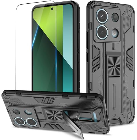Btstring Cover per Xiaomi Redmi Note 13 Pro 5G con Pellicola Protettiva, Militare Custodia con Stand Supporto Bumper Antiurto Case, TPU+PC Dual Layer Custodia- Nero