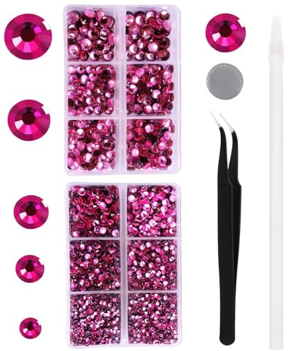 YHMQ DU 6616 Stück rosaroter heißer Diamant-Strass-Kristallglas-Edelstein für Becher, Kleidung, Hemd, glänzend, flache Rückseite, rund, mit Pinzette und Aufnahmestift (SS6~SS30-Set)