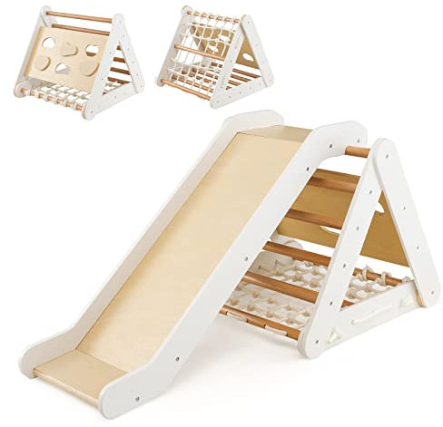 COSTWAY 4 in 1 Kletterdreieck mit Rutsche, Klettergerüst aus Holz, Sprossendreieck zum Rutschen und Klettern, für Kinder ab 1 Jahre (Weiß+Natur)