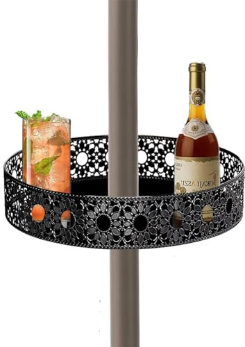 Grandhome 11'' Patio Umbrella Table Tray for Outdoor, Portable Round Table Tray with Umbrella Hole for Beach Patio Garden Pool Umbrella, Hollow Sunflower Shape, Black