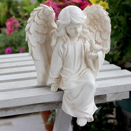 JARPSIRY Engel Gartenstatue, sitzender Engel Skulptur, Harzengel mit Vogel Figur für Terrasse, Hof, Veranda, Rasen, Outdoor-Dekoration, Zuhause, Regalsitzer, Gedenkstätte, spirituelle Geschenke