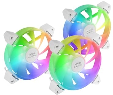 Mars Gaming MF-3A, Kit 3x Ventiladores FDB Ultrasilenciosos 120mm, Iluminación ARGB Rainbow 360º Sin Marco, Ventialdores 3en1 con Compatibilidad Total ARGB, Doble Conector ARGB Macho + Hembra, Blanco