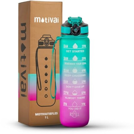 Motivai® Wasserflasche - Türkis/Rosa - 1L Motivationswasserflasche | BPA-freies Tritan mit Griff und Strohhalm | Wasserflasche mit Zeitmarkierung | Für Erwachsene und Kinder