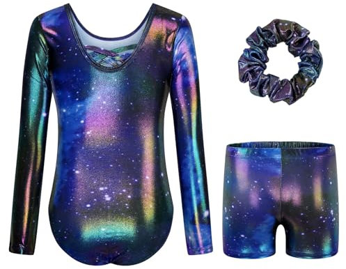 JiAmy Turnanzug Mädchen, Gymnastikanzug Kinder Turnshorts Haarband Set Gekreuzte Schulterriemen Turnanzug Leotard Set für 6-7 Jahre