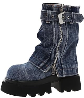 Stivaletti da donna con tacco elegante, con tacco a blocco, suola profilata, effetto jeans, stivaletti a mezza altezza, stivali da motociclista, Blu, 40 EU
