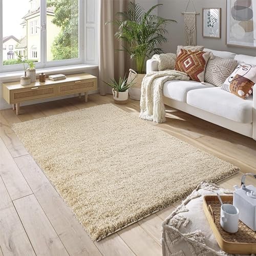 SmartLiving Rug 80 x 150cm Light Beige Shaggy Rug Soft Thick 5cm Pile Modern Shimmer Area Rug, Fluffy Non Slip Bedroom Living Room Hallway Carpet, Luxury Shiny Floor Rug