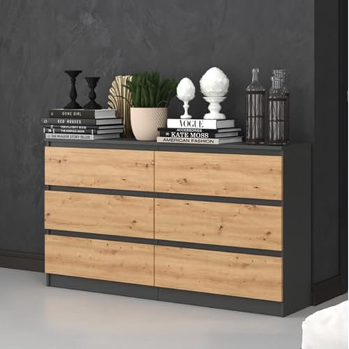 Home Collective Kommode, Schlafzimmer Flur, Schrank, Sideboard, Highboard mit 6 Schubladen, Breite 140 cm Höhe 75 | Anthrazit Artisan Perfekt für Wohnzimmer, Schlafzimmer oder Esszimmer