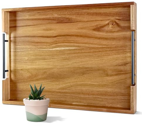 OurMiao 22 Inches Acacia Wood Serving Tray with Metal Handles, Large Wooden Rectangle Ottoman Tray, Decorative and Durable Design for Living Room Coffee Table Couch Sofa
