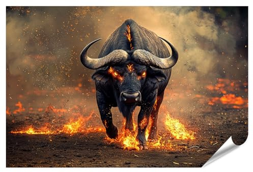islandburner XXL Bild Poster Feuriger Büffel im mystischen Nebel für Wohnzimmer Kunstliebhaber Galerie Premium Bilder Fotodruck