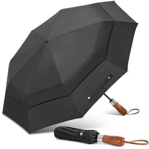 ZOMAKE Paraguas Plegable Antiviento Grande 139 cm, Resistente al Viento | Paraguas Grande para Hombre y Mujer, 2 Personas, Varilla Reforzada, Automático, Doble Capa, Mango de Madera, Compacto, Viaje