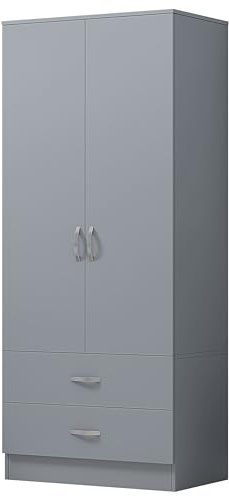 Nera 2 Door Wardrobe with Drawers and Hanging Rail Slim Wardrobes for Small Bedrooms Storage (Matt Grey)