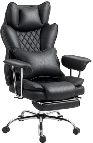 HOMCOM Executive Office Chair, Leathaire Reclining Computer Desk Chair with Lumbar Support Pillow, Built-in Headrest, High Back, Footrest, Silent Swivel Wheels, Armrest for Home, Black