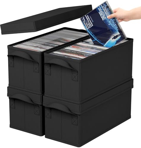 Lifewit Confezione da 4 Porta CD, Contenitori Impilabili con Coperchio Pieghevole per 120 CD (30 ciascuno), per Casa e Auto, Nero