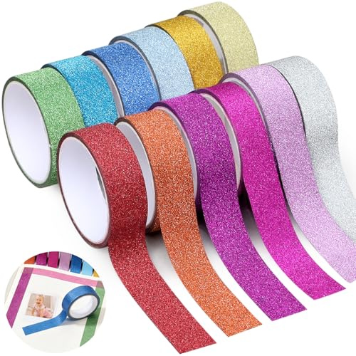 Mythlon 12 Rollen Glitzer Washi Tape Set - Dekoratives Klebeband Bunt & Masking Tape Glitzer - Washi Tape für Scrapbooking, Bullet Journal & Basteln - 15mm x 3m, Selbstklebend & Rückstandsfrei