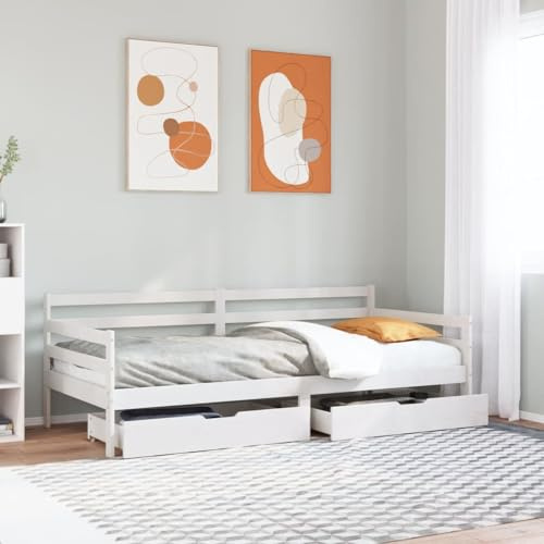 Hoopleep White Pine Wood Daybed with Storage Drawers, 90x190 cm, Versatile Sofa Bed Frame for Living Room & Bedroom, Durable Guest Bed with Slats, Rustic Charm for Home