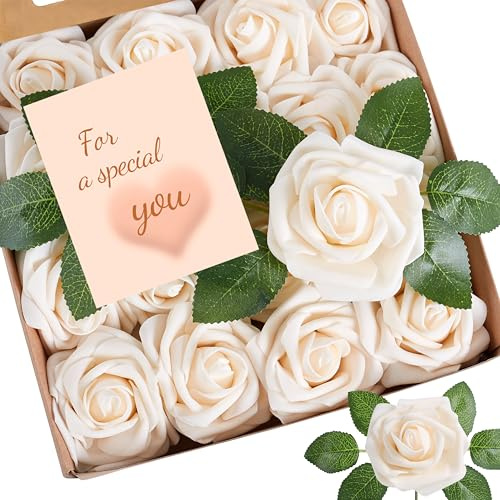 XIANNVXI 16 Stück Champagner Künstliche Rosen Blumen Deko Fake Rose Blumenstrauß Rosen Plastikrosen Romantisch Valentinstag Hochzeitsdeko Tisch Verlobung Brautstrauß Roses 6 Blätter 17 cm Stängel