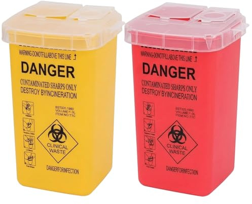 2 Pcs Sharps Box, Sharps Bin for Medical Disposal, Tattoo and Diabetic Supplies Management, Secure Sharps Bin s for Clinical and Home Use, Red and Yellow Sharps Bins Small Containers