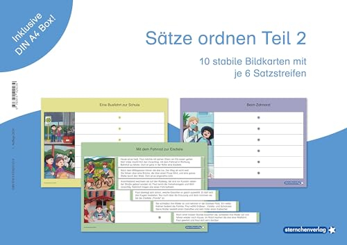 Sätze ordnen Teil 2: 10 stabile Bildkarten mit je 7 Satzstreifen in der DIN A4 Box