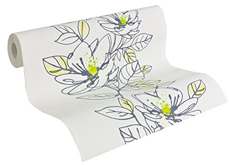 Brigitte Home Vliestapete, Mustertapete, floral, reinweiß/taubenblau/hellgelbgrün, 941723