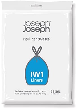 Joseph Joseph IW1 Bin Liners, General Waste Bags with Tie Tape Drawstring Handles- Pack of 20, Black, 24-36 Litres