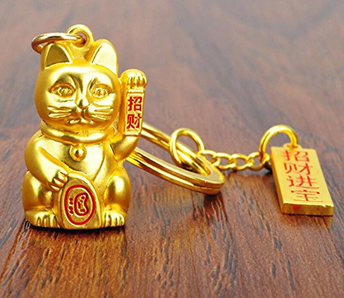 AUFODARA Maneki Neko Glückliche Katze 3D Metall Schlüsselanhänger Geschenk (Golden)