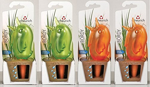 Scheurich Wasserspender Bördy S | 4er Set Grün/Orange | 90 ml Füllmenge | Bewässerungskugel klein mit Ton Fuß | Wasserspender Pflanzen und Blumen Terrakotta Stiel