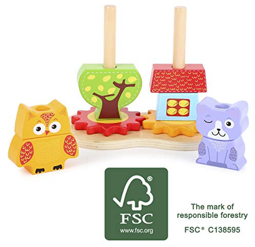 Steckspiel aus Holz, FSC® 100%-Zertifiziert, aus handlichen Bausteinen mit bunten Motiven, Beweglichkeit durch drehbare Zahnräder, trainiert Hand-Augen-Koordination und Motorik