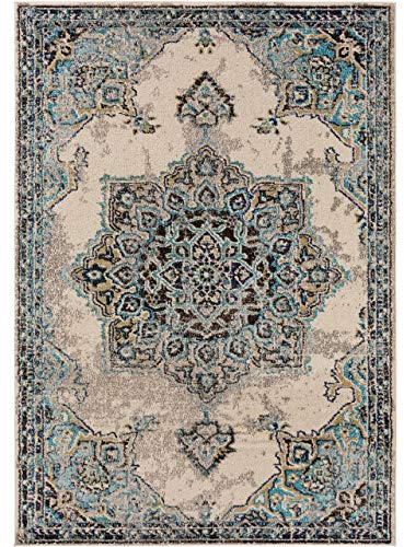 benuta Nest Vintage Teppich Casa - Beige/Türkis 80x150 cm - Teppich für Wohnzimmer, Schlafzimmer und Flur - Pflegeleicht - Fußbodenheizung Geeignet