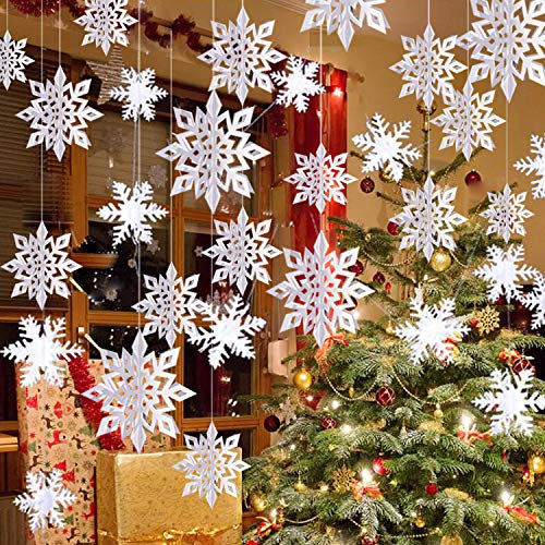 Schneeflocken-Dekoration zum Aufhängen, 12 x Schneeflocken, Girlande und 12 x 3D-Glitzer, große weiße Schneeflocken, für Weihnachten, Winter, Urlaub, Neujahr, Party, Heimdekoration