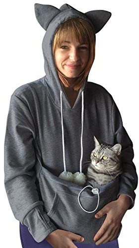 Dresswel Damen Kapuzenpullover Pulli mit Hundetasche Katzen Hund Tasche Hoodie Katze Sweatshirt Pullover mit Kapuze Katzenpulli Beutel Langarm Herbst Winter