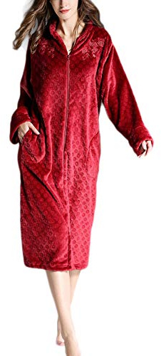 HONGBI Damen Morgenmantel aus Baumwolle Bademantel Nachtwäsche Kimono Saunamantel mit Tiefer V-Ausschnitt und Reißverschluss Schlafanzug