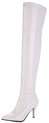LUXMAX Stivali sopra al Ginocchio Donna in Vernice Tacco Alto Spillo a Punta Scarpe Tacchi Alti con Cerniera (Bianco) - 42 EU