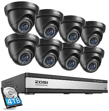 ZOSI H.265+ 16CH 1080P Security Camera System Indoor Outdoor with 4TB Hard Drive Pre-Installed Recorder 8Pcs HD 1920TVL Black Surveillance Dome Cameras Night Vision Easy Remote Access Motion Alert