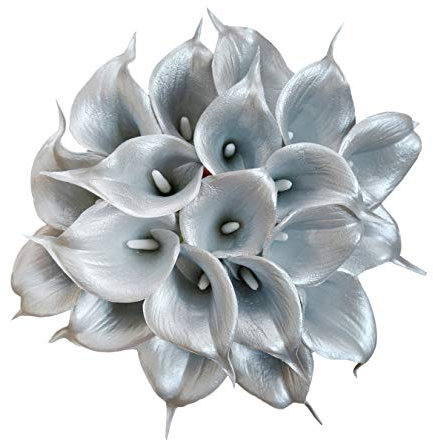 DuHouse Künstliche Calla-Lilien, fühlen sich echt an, Latex-Blumen für DIY, Hochzeitsstrauß, Party, Heimdekoration (925er Silber), 20 Stück