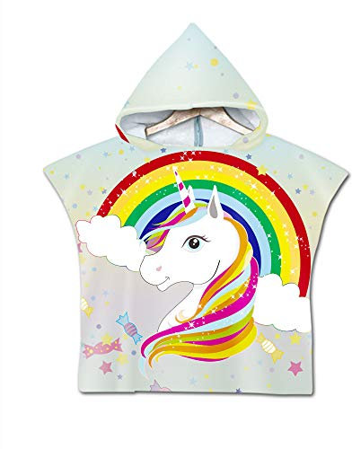 Treer Niños Poncho de Toalla de Playa con Capucha, Infantiles Lindo Unicornio Grande Bebé Manta Nadando Ducha Piscina Toalla de Baño Albornoz para Niños Niñas 2-7 años (60x60cm,Unicornio Arco Iris)