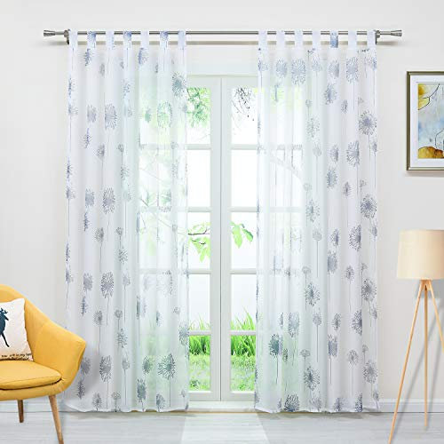 Delien Voile Gardine mit Pusteblume-Motiven Druck transparenter Vorhang mit Schlaufen Wohnzimmer Gardinenschals BxH 140x145cm Weiß 1 Stück