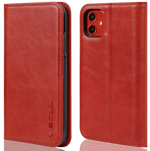VISOUL iPhone 11 Hülle, Stoßfeste Handyhülle [Erstklassiges Rindsleder] [RFID Blocker], TPU Schutzhülle [Kartenfach] [Magnetverschluss], Standfunktion Lederhülle Kompatibel für iPhone 11 6,1 Rot