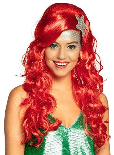 NET TOYS Zauberhafte Meerjungfrau Perücke - Rot - Entzückendes Damen-Kostüm-Zubehör Mermaid Faschingsperücke mit Seestern - EIN Blickfang für Fasching & Karneval
