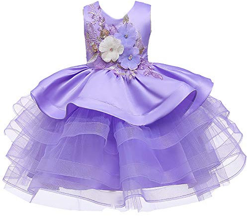 WAWALI - Vestito da cerimonia nuziale per bambine, con ricamo, per battesimi, tutù lilla 4-5 Anni