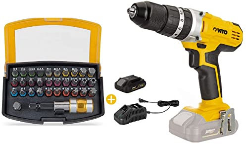 Taladro atornillador de 20 V + batería de 4 Ah de litio + 32 puntas atornilladas VITO EGO LII + cargador rápido