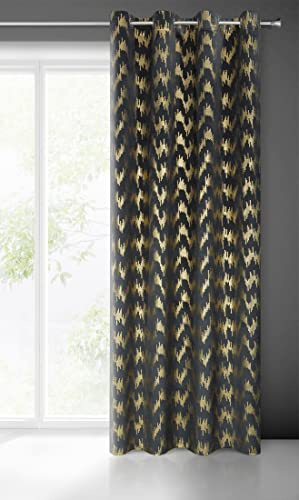 Eurofirany CHILL Samt Vorhang Schwarz mit Gold Pailletten Muster, Ösen, 1 STK., Velvet, Samtvorhang Blickdicht Prachtvolle Eleganz, Gemustert, Modern, für Wohnzimmer, Schlafzimmer, 140x250cm
