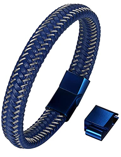 OIDEA Herren Armband Edelstahl Leder Armband blau Silber, Geflochten Seil Lederarmband Armreifen mit Verlängern Magnet Verschluss, 21cm
